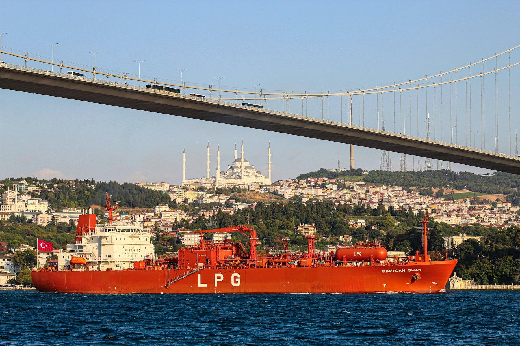 LPG carrier under way past a suspension bridge