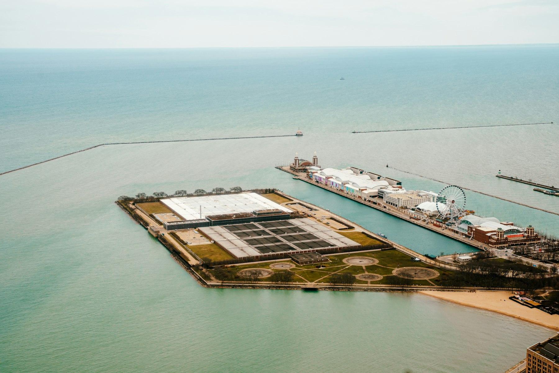 Aerial view of a marine oil terminal and its jetties